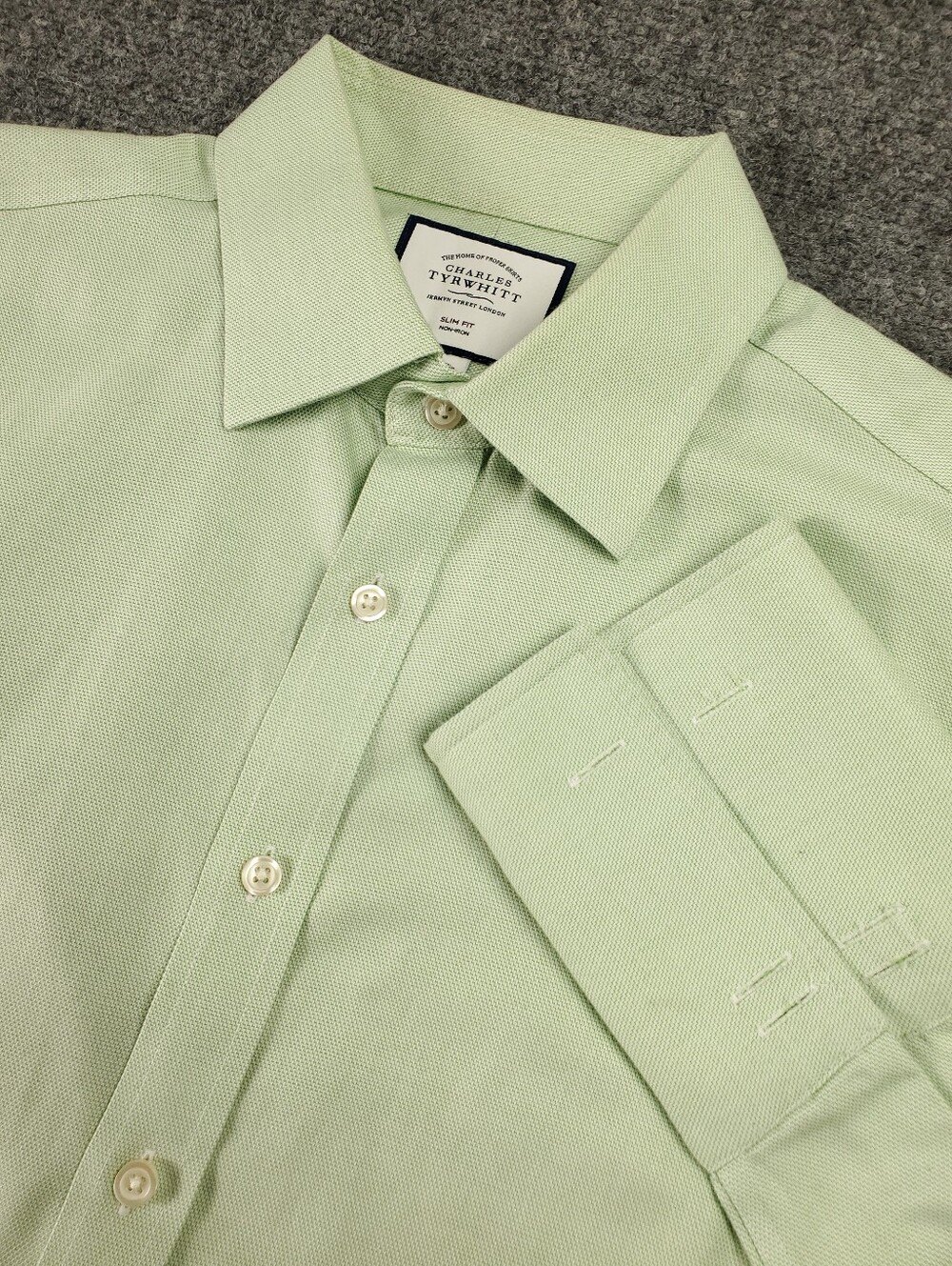 Charles Tyrwhitt Non Iron Dress Shirt 17 37 Slim Light Green French Cuff Dobby
